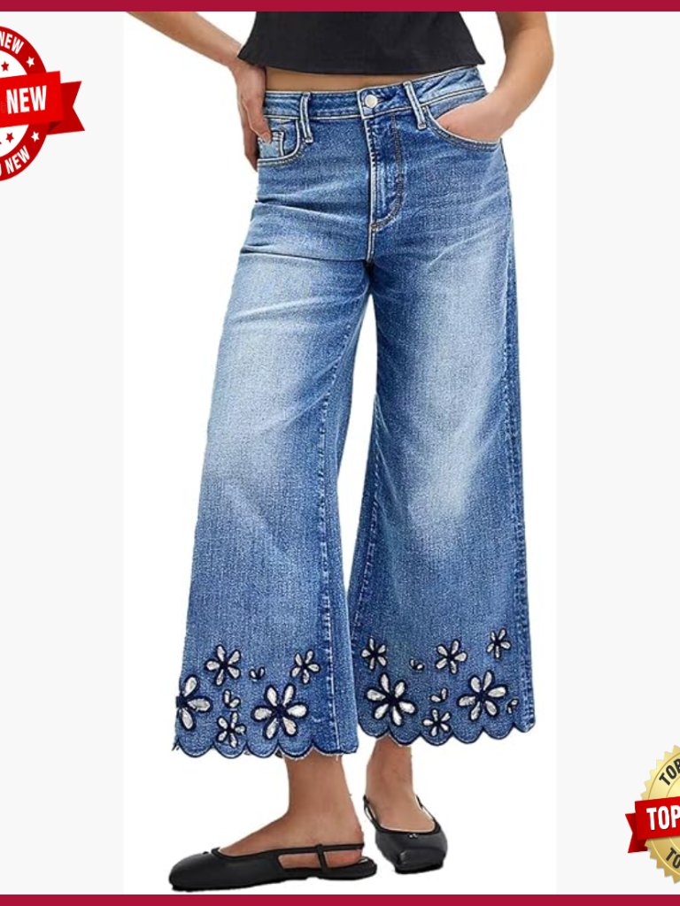 Floral Embroidery Wide Leg Stretch Denim Jeans Mid Rise Cropped Pants